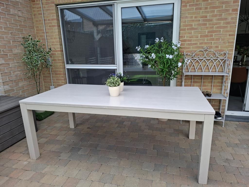 Teaken tafel (geschilderd)210x100x74 + 6 stapelbare stoelen, Ophalen, Gebruikt, Rechthoekig, Kunststof