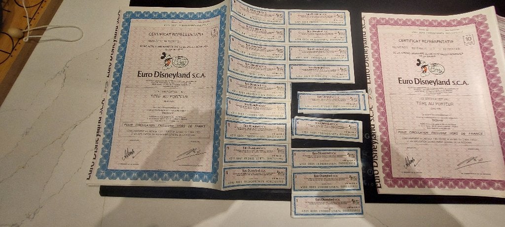 Aandelen Euro Disneyland S.C.A., Postzegels en Munten, Aandelen en Waardepapieren, Ophalen, 1970 tot heden, Certificaat van aandeel