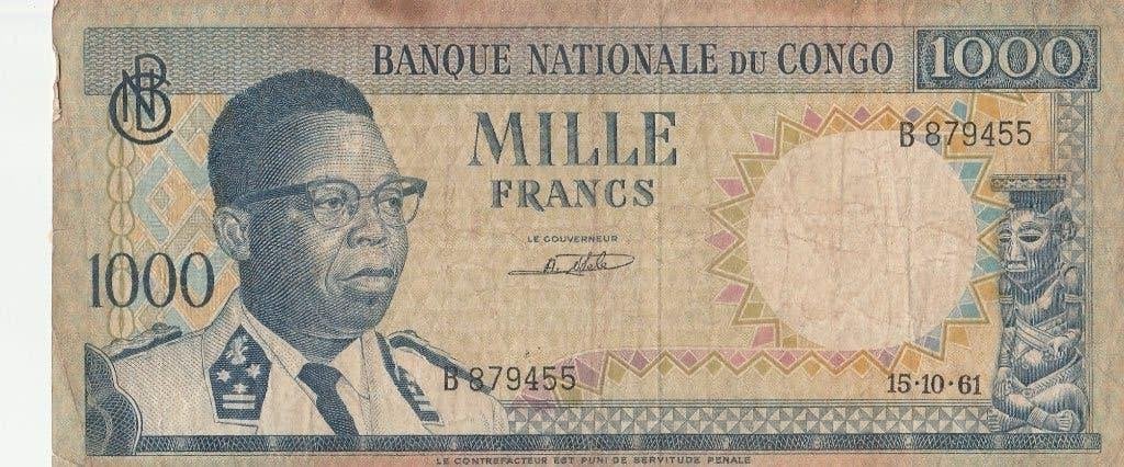 Bankbiljet van 1000 frank uit 1961 in Congo, Postzegels en Munten, Bankbiljetten | Afrika, Ophalen of Verzenden