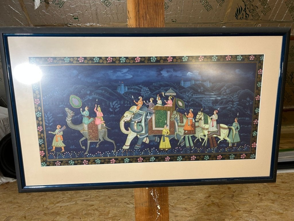 Indiase Mogol processie met olifant en kamelen, Antiek en Kunst, Kunst | Schilderijen | Modern, Ophalen, Glas, Achter glas