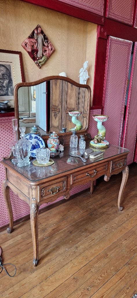 Kaptafel louis quatorze stijl eikenhout met spiegel, Antiek en Kunst, Ophalen