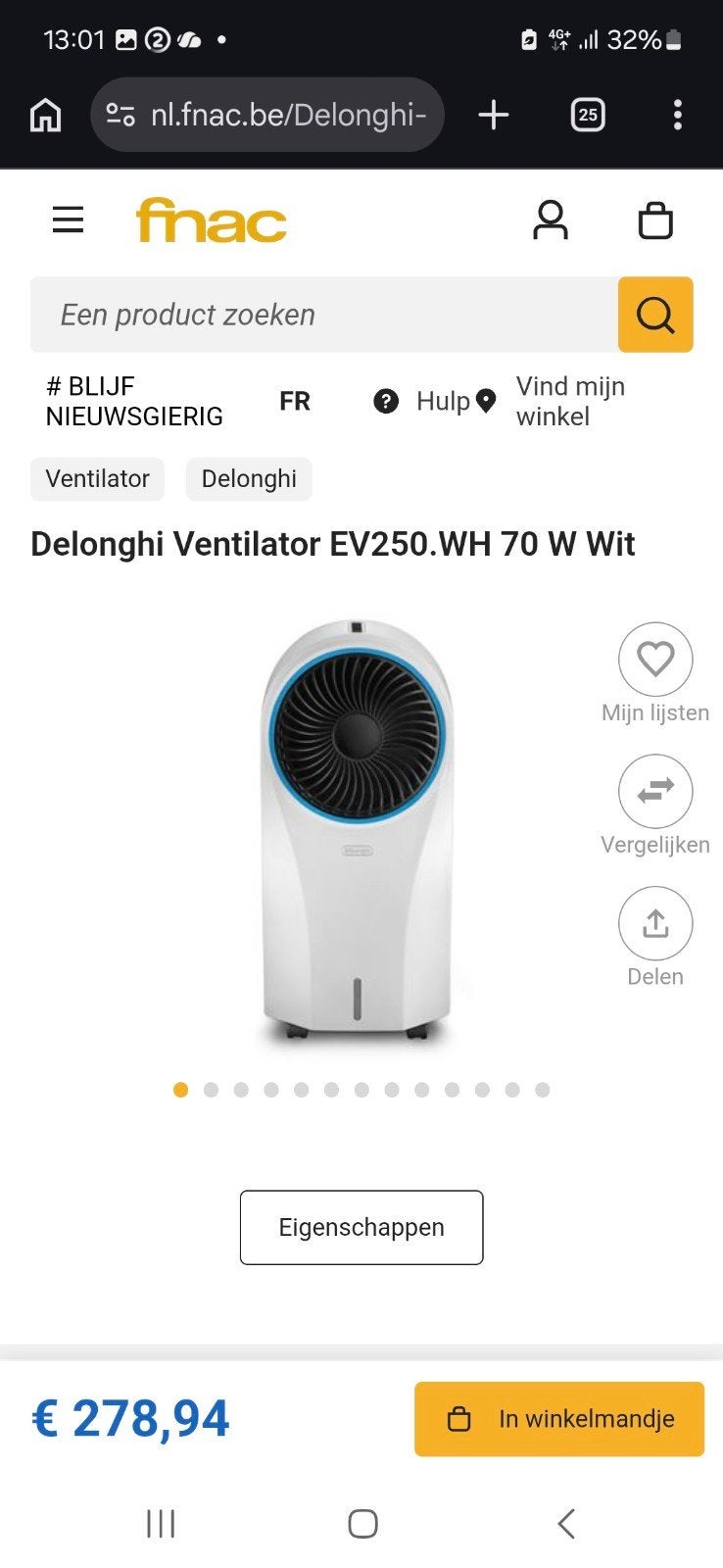 ventilator aircooler delonghi ev250, Elektronische apparatuur, Ophalen of Verzenden