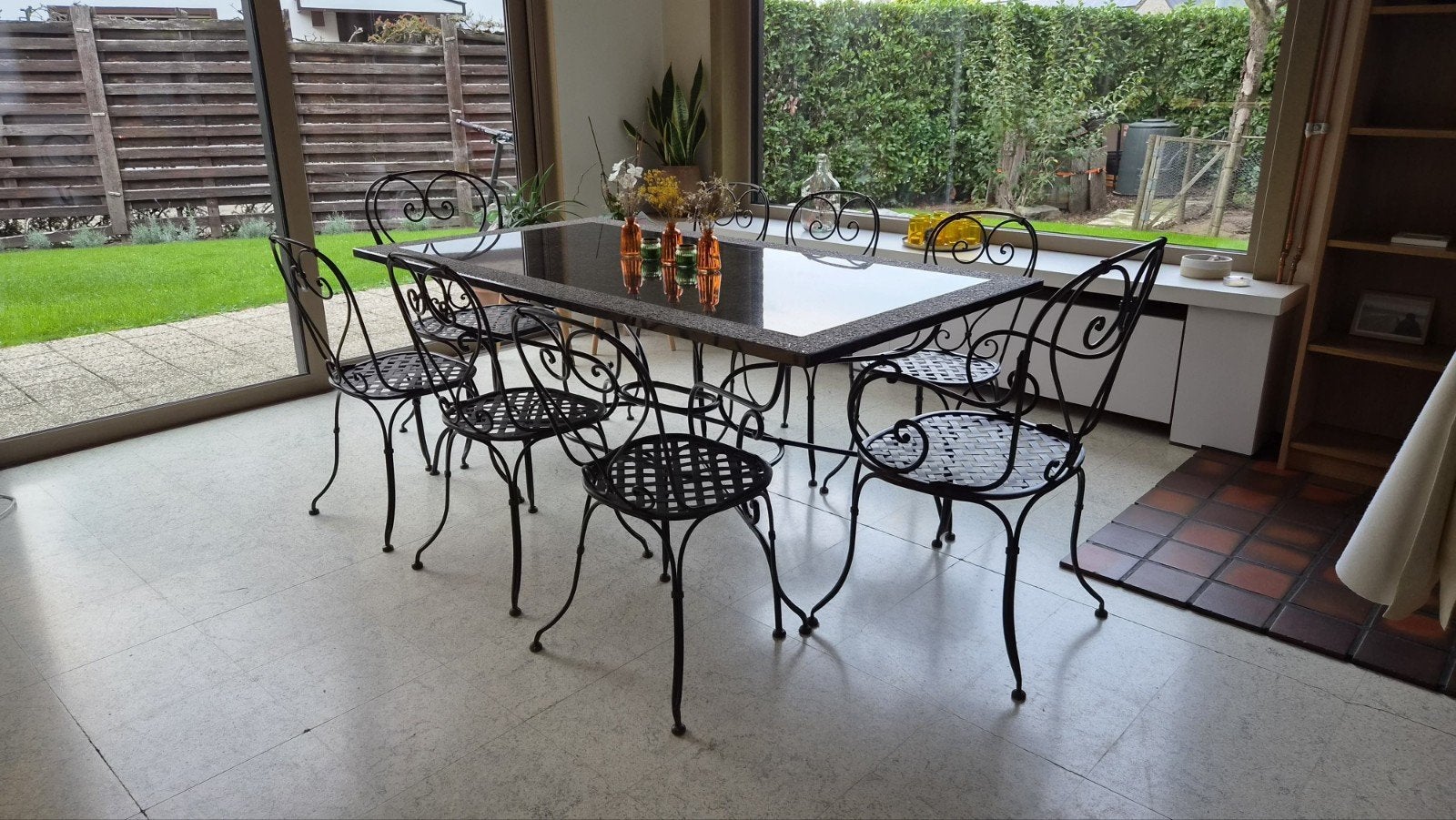 Smeedijzeren Tuin/binnen tafelset met Granieten Blad + 8 Sto, Ophalen, 50 tot 100 cm, Zo goed als nieuw, Vijf personen of meer