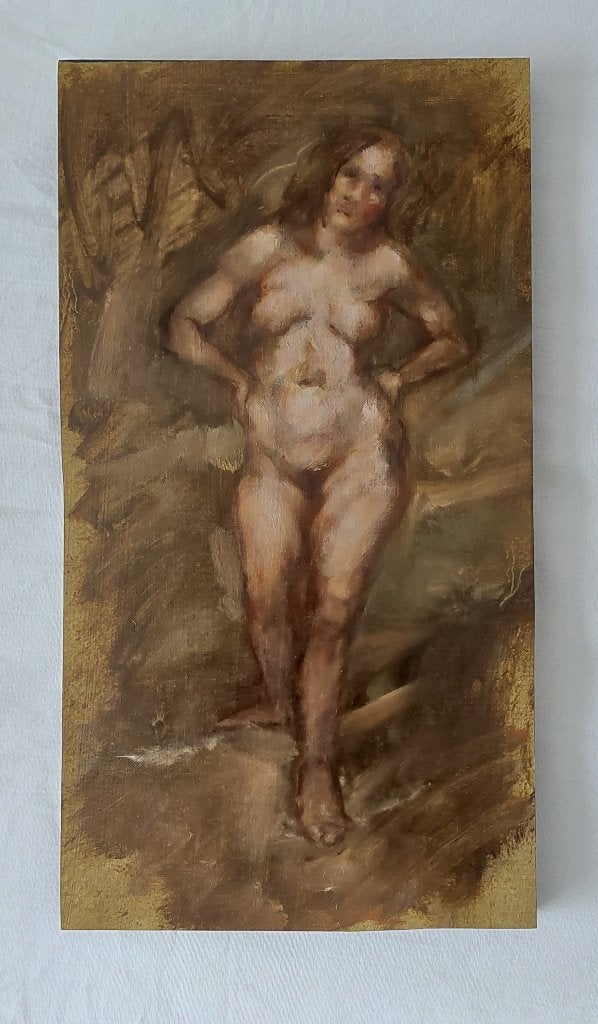 Schilderijtje van Staand Vrouwelijk Naakt - Olieverf, Portrait ou Personnes, Enlèvement ou Envoi, Peinture à l'huile, Signé