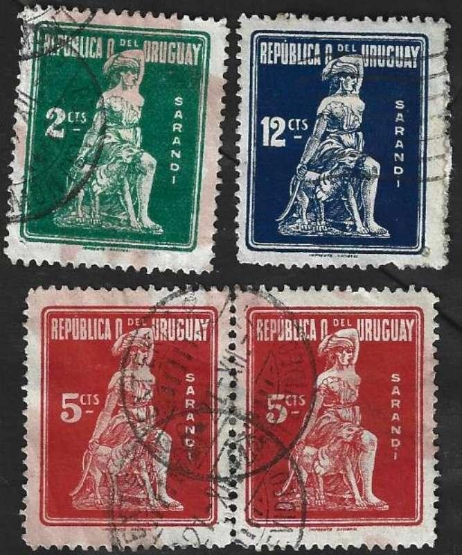 3 (4) Postzegels Sarandi monument Uruguay 1923, Enlèvement ou Envoi, Affranchi, Amérique du Sud