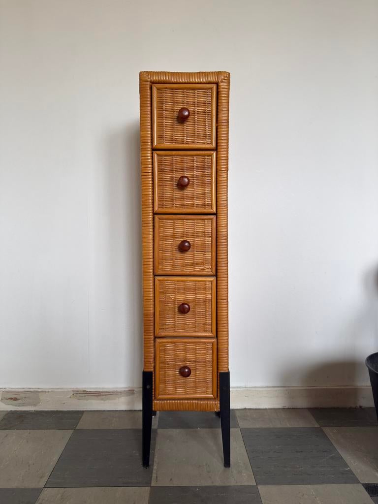 Colonne tiroirs rotin vintage ‘90 style bohème 99x21,5x25cm, Enlèvement, Comme neuf