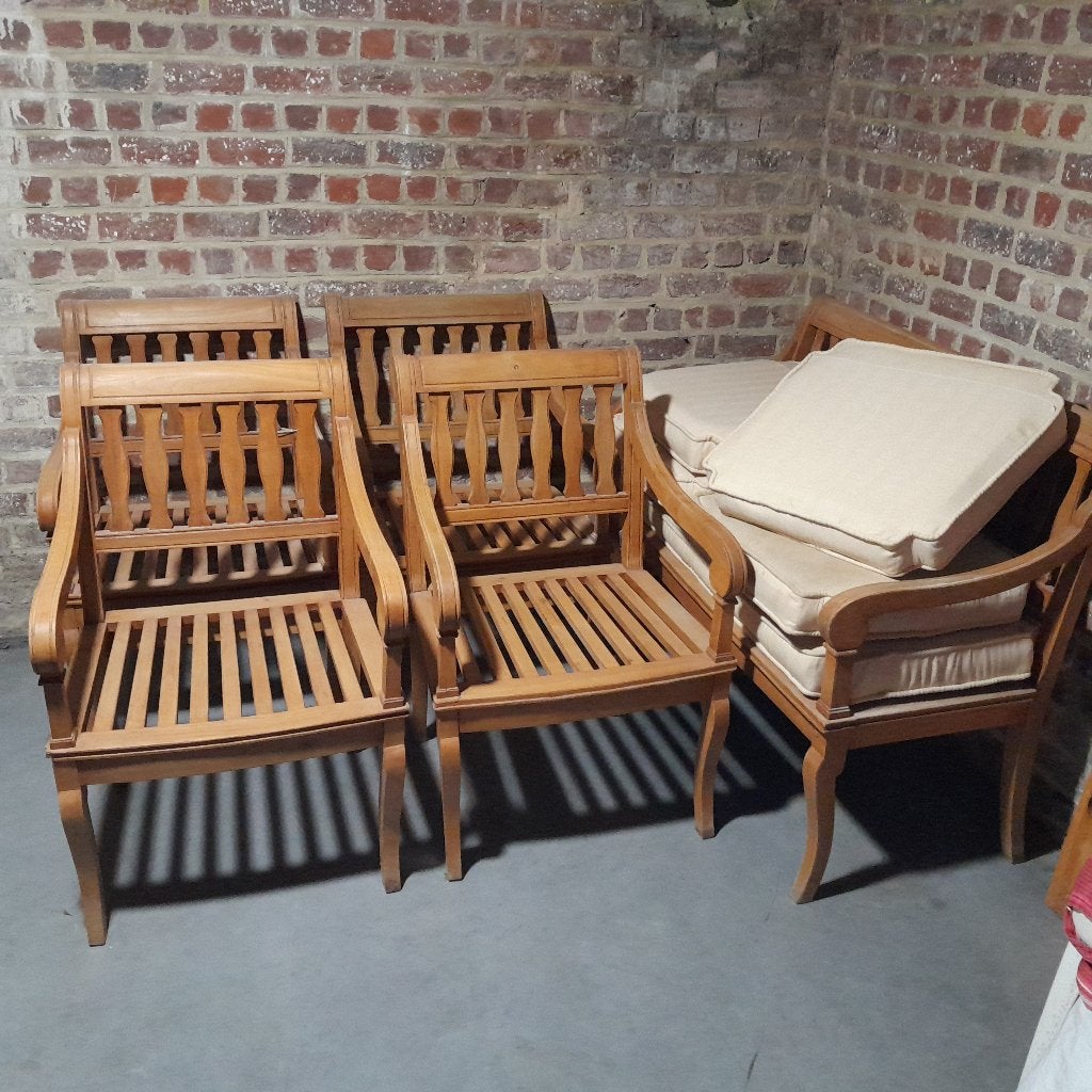 Wintertuinmeubilair in massief beukenhout, fauteuils en bank, Ophalen, 6 zitplaatsen, Zo goed als nieuw, Loungeset
