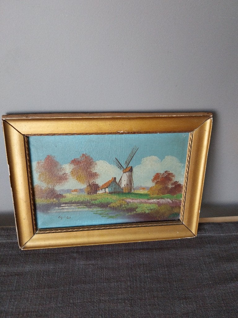 Sfeervol olieverfschilderij "Boerderij met Graanmolen", Ophalen