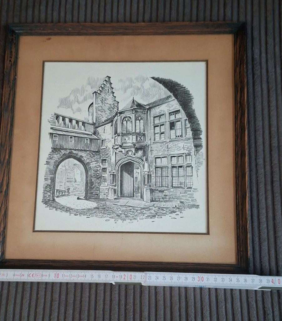 Originele pentekening Alphonse Mora "Het Steen " ingekaderd, Antiek en Kunst, Kunst | Tekeningen en Fotografie, Ophalen