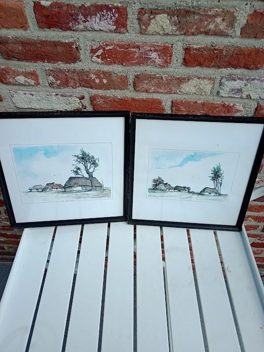 2 etsen / lito's van DIRK BAKSTEEN 25€., Ophalen, Ingelijst, 1950 - 1999, Landschap