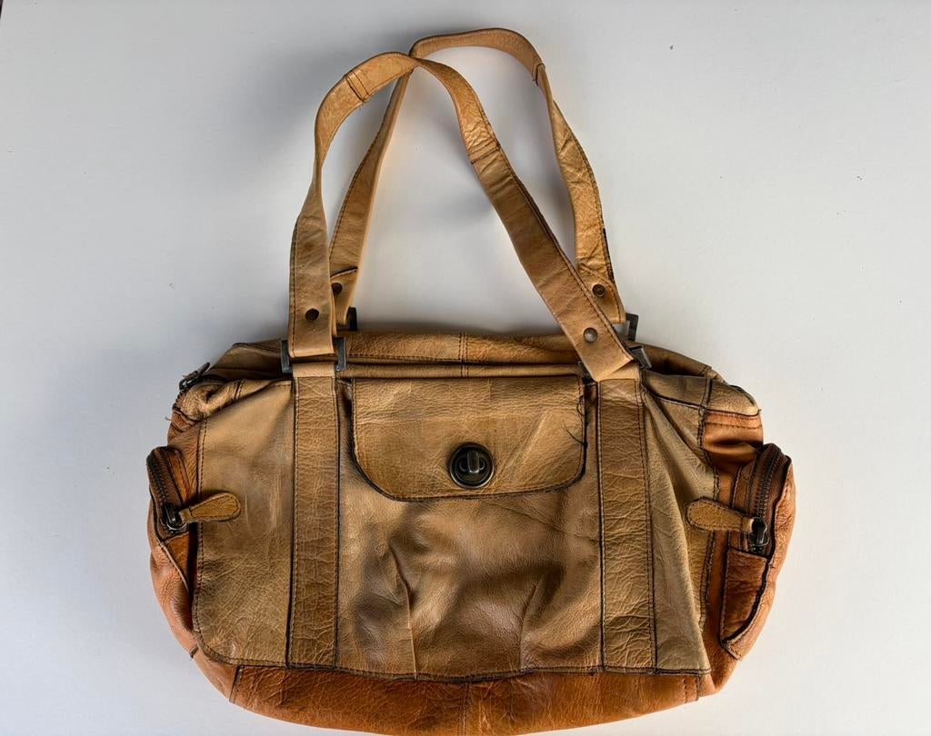 Lederen handtas Pieces, Handtassen en Accessoires, Ophalen of Verzenden, Gebruikt, Bruin, Handtas