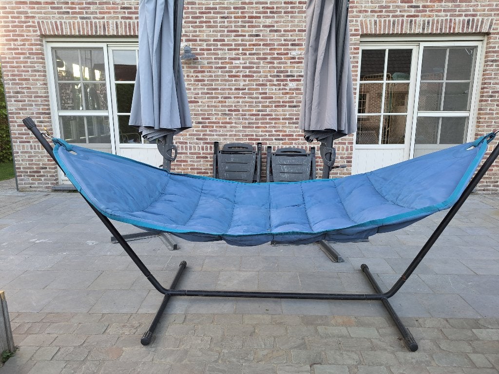 Fat Boy hangmat blauw met bijhorend kussen, Tuin en Terras, Hangmatten, Ophalen, Gebruikt, Meerpersoons, Met standaard