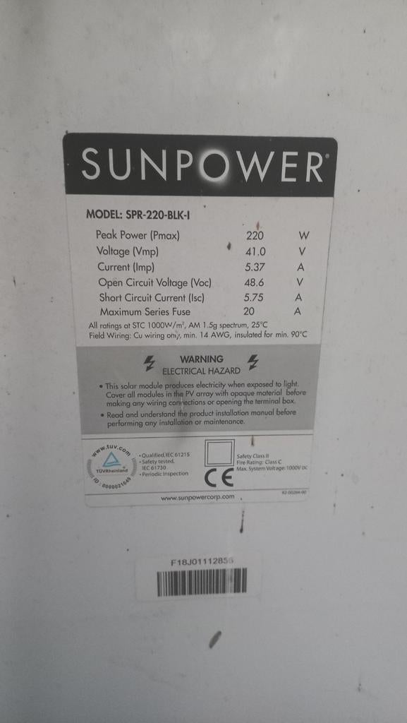 Panneaux solaires Sunpower 16, Enlèvement, Utilisé, Panneau, 200 watts-crêtes ou plus