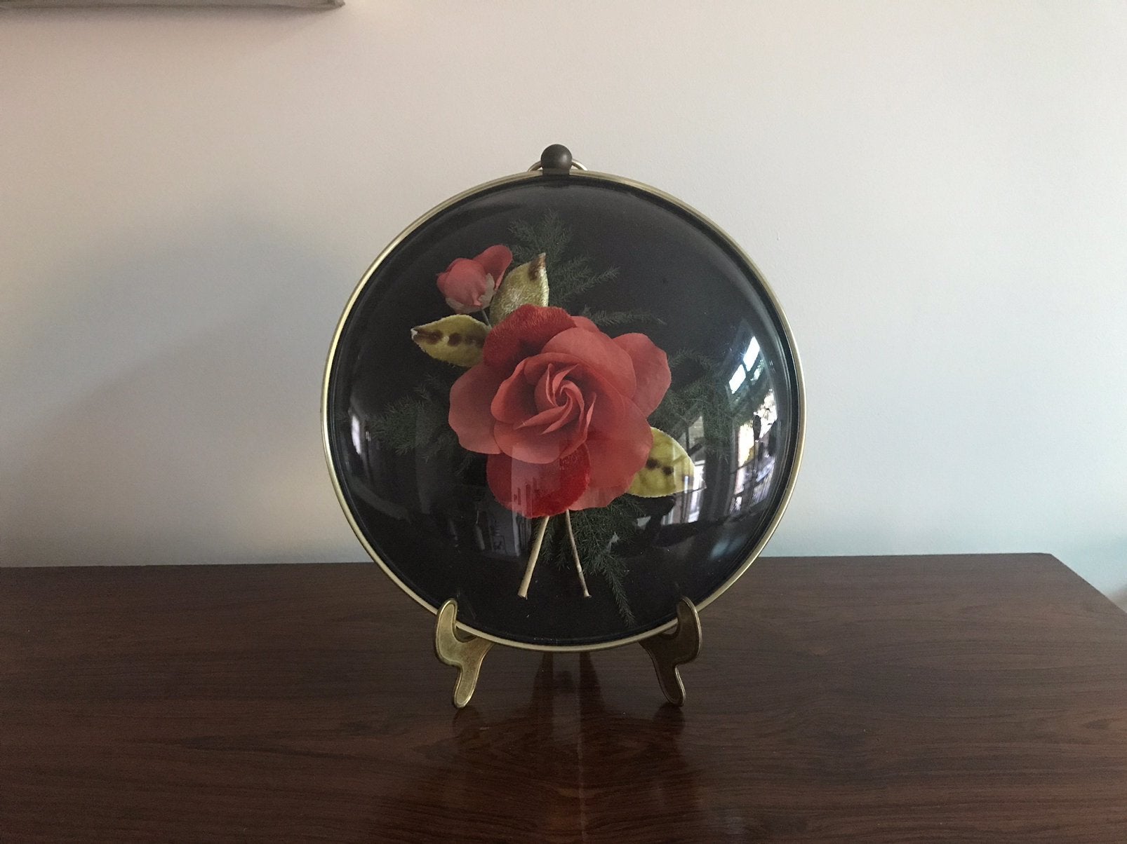 Lijst kader rond bloem roos achter bol glas 25 cm, Antiek en Kunst, Ophalen of Verzenden