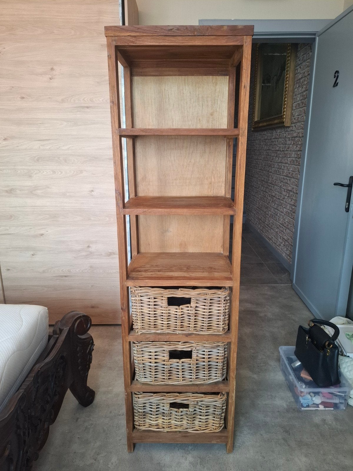 Teak houten rek met rieten mandjes, Ophalen, Zo goed als nieuw, Teakhout, 150 tot 200 cm
