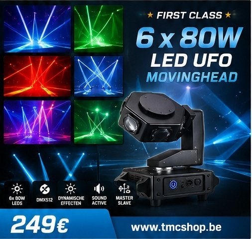 Nieuwe First Class 6 x 80W Led Ufo Movinghead, Muziek en Instrumenten, Licht en Laser, Ophalen of Verzenden, Nieuw, Licht, Geluidgestuurd