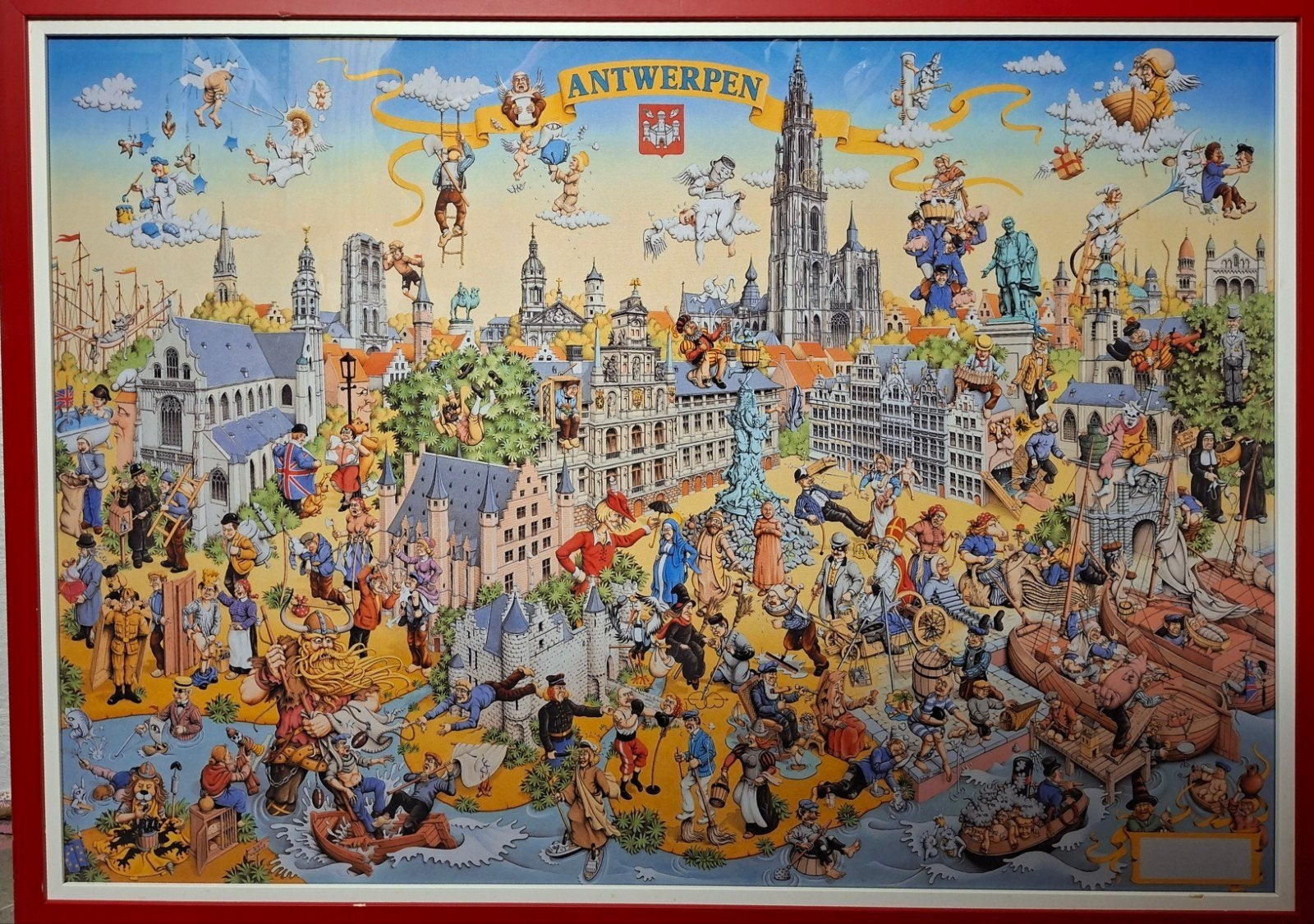Grote ingelijste cartoonposter Antwerpen (110x80 cm) – Uniek, Ophalen