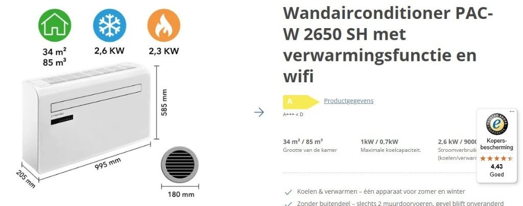 Climatiseur mural PAC-W 2650 SH avec unité de chauffage, Electroménager, Neuf, Classe énergétique A ou plus économe, Refroidissement et Déshumidification