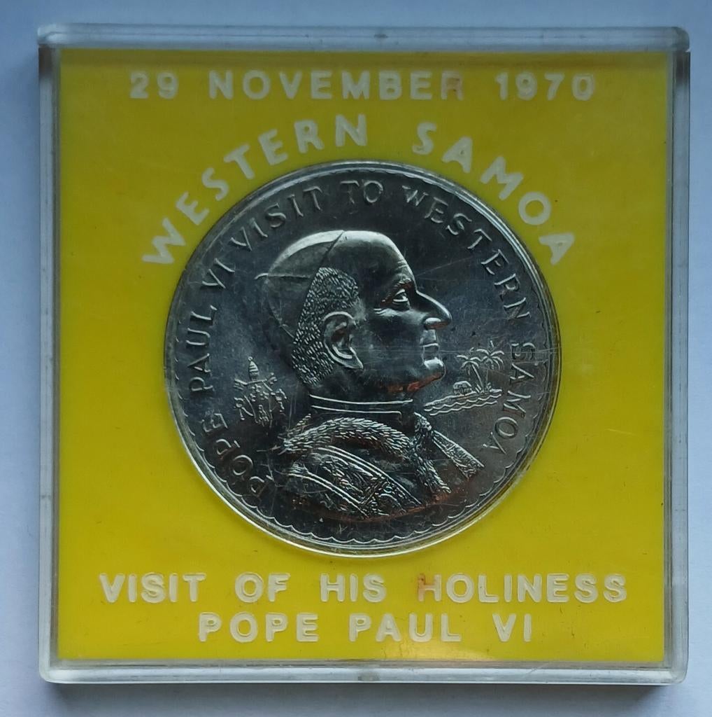 munt samoa 1 tala 1970 bezoek paus paulus 6 aan Samoa, Postzegels en Munten, Ophalen of Verzenden, Overige materialen