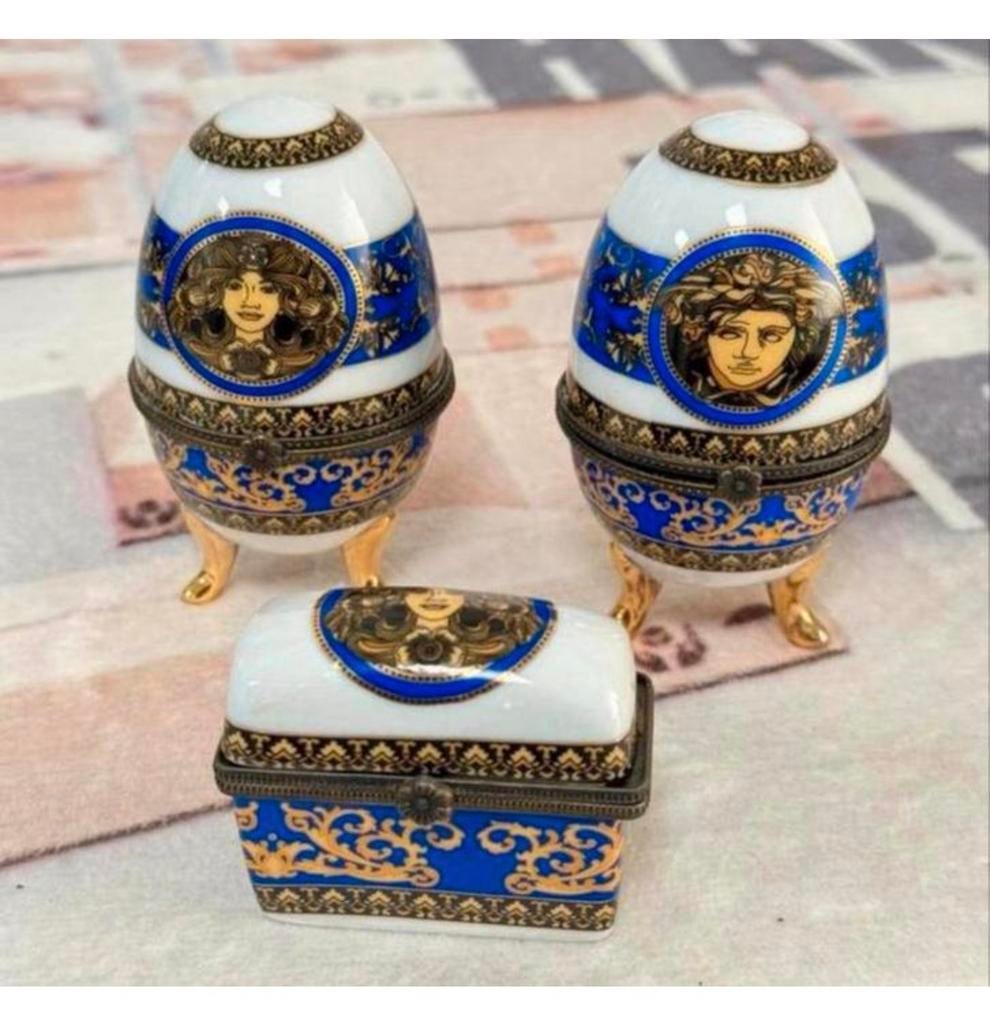 Fabergé ei eieren Versace Medusa SET blauw-wit faberge z/r, Ophalen of Verzenden