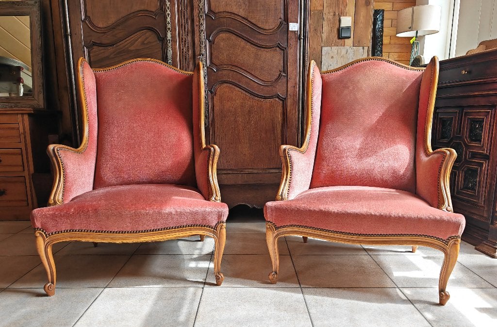Koppel grote antieke Louis XV fauteuils zetels roos stof, Ophalen