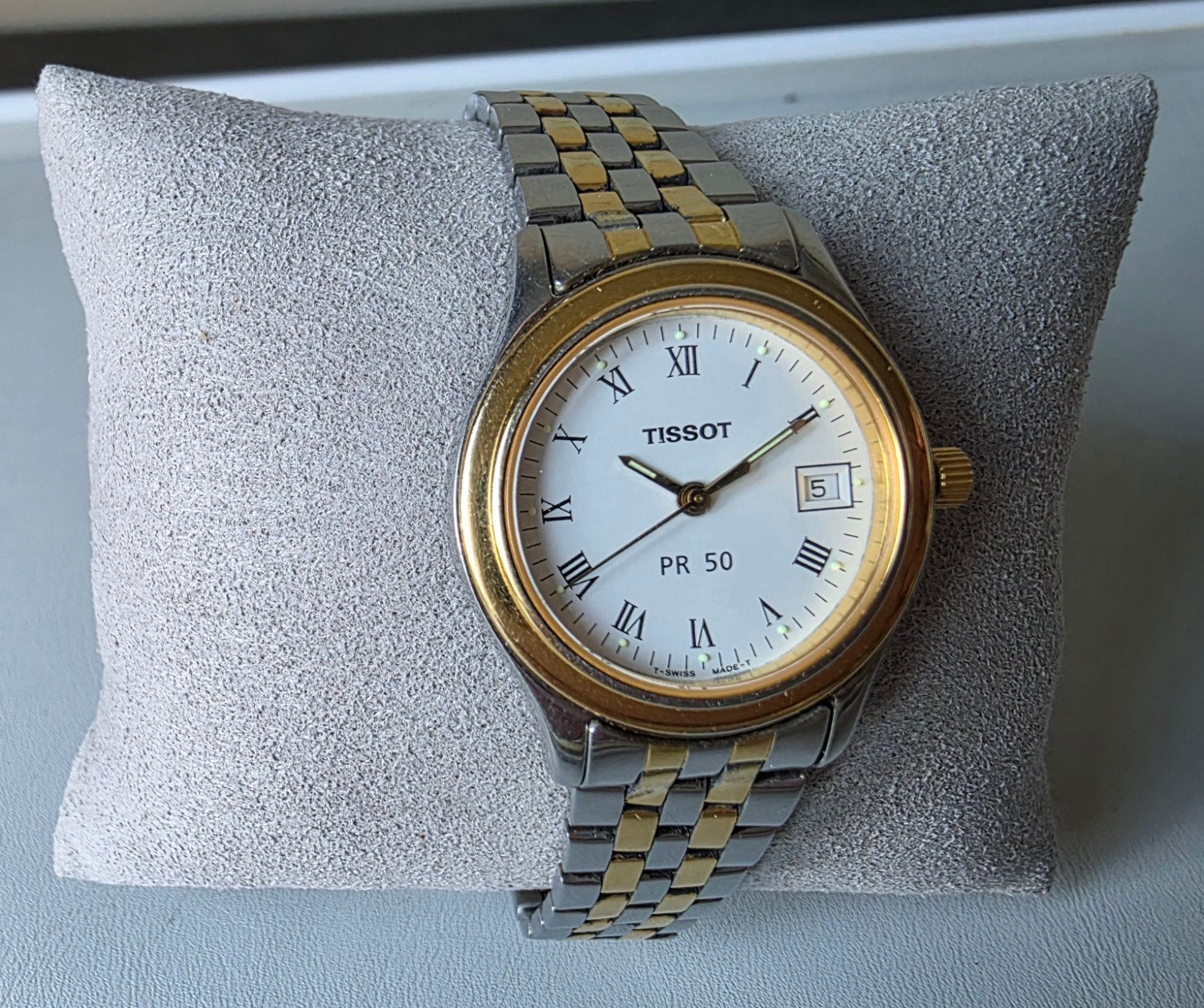 Vintage Tissot 1853 PR50 dameshorloge in goud- en zilverkleu, Handtassen en Accessoires, Ophalen of Verzenden, Goud, Goud