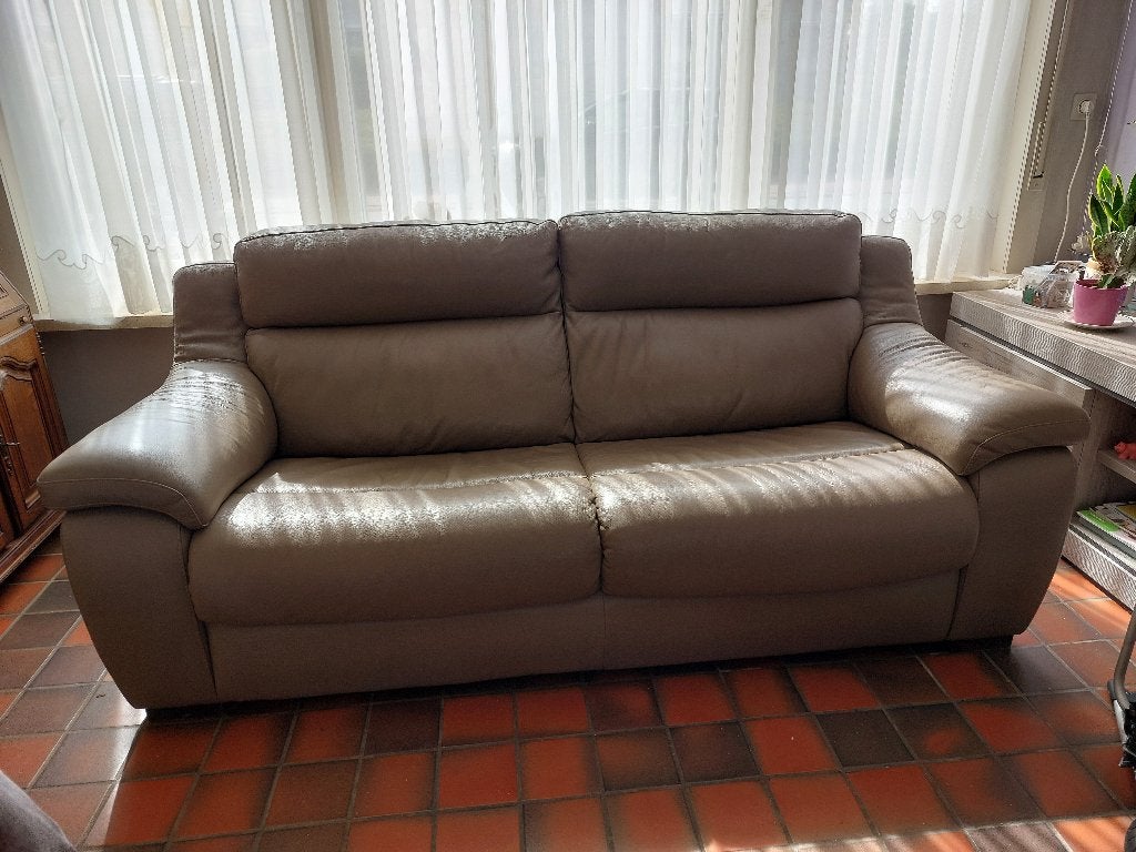 Vollederen salon-3zit én 2zit met relax (Taupe/Elephant), Ophalen, Gebruikt, Rechte bank, Leer