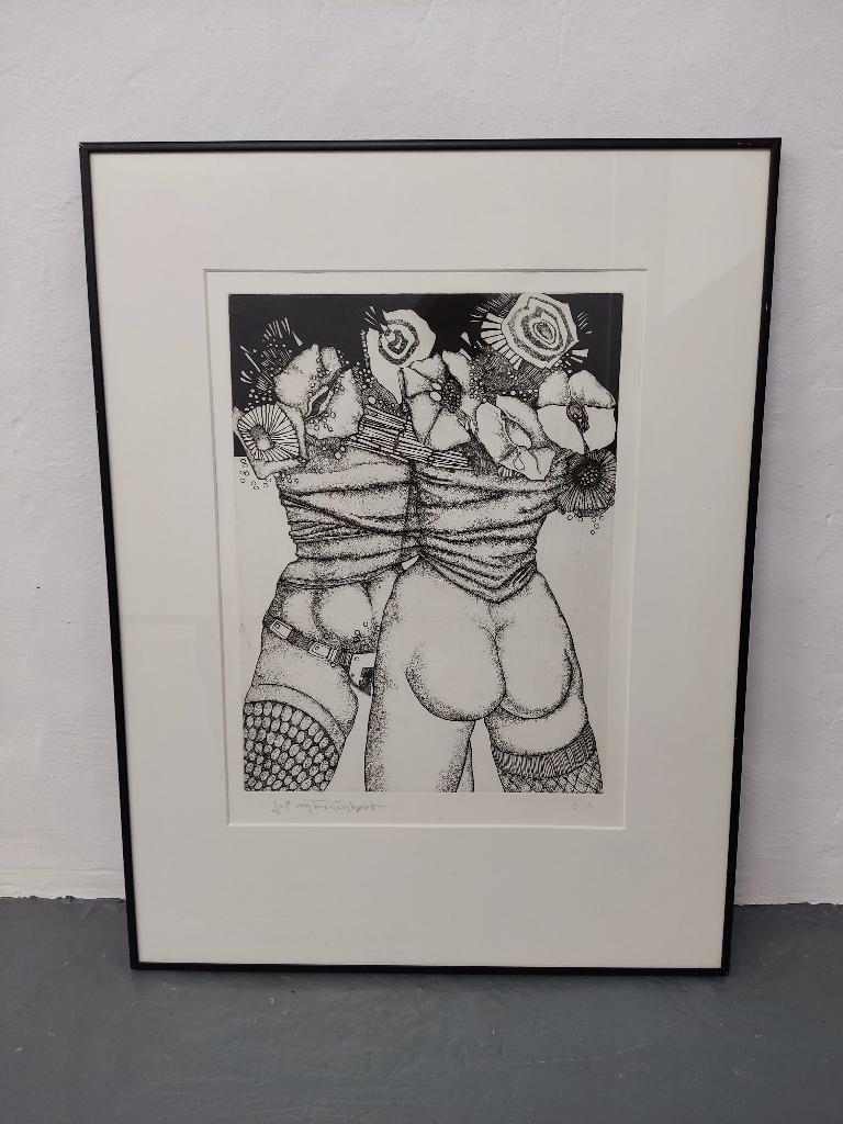 Jef Van Tuerenhout – erotische ets Lesbos – E.A., Eau-forte, Enlèvement ou Envoi, Vie quotidienne, 29 cm
