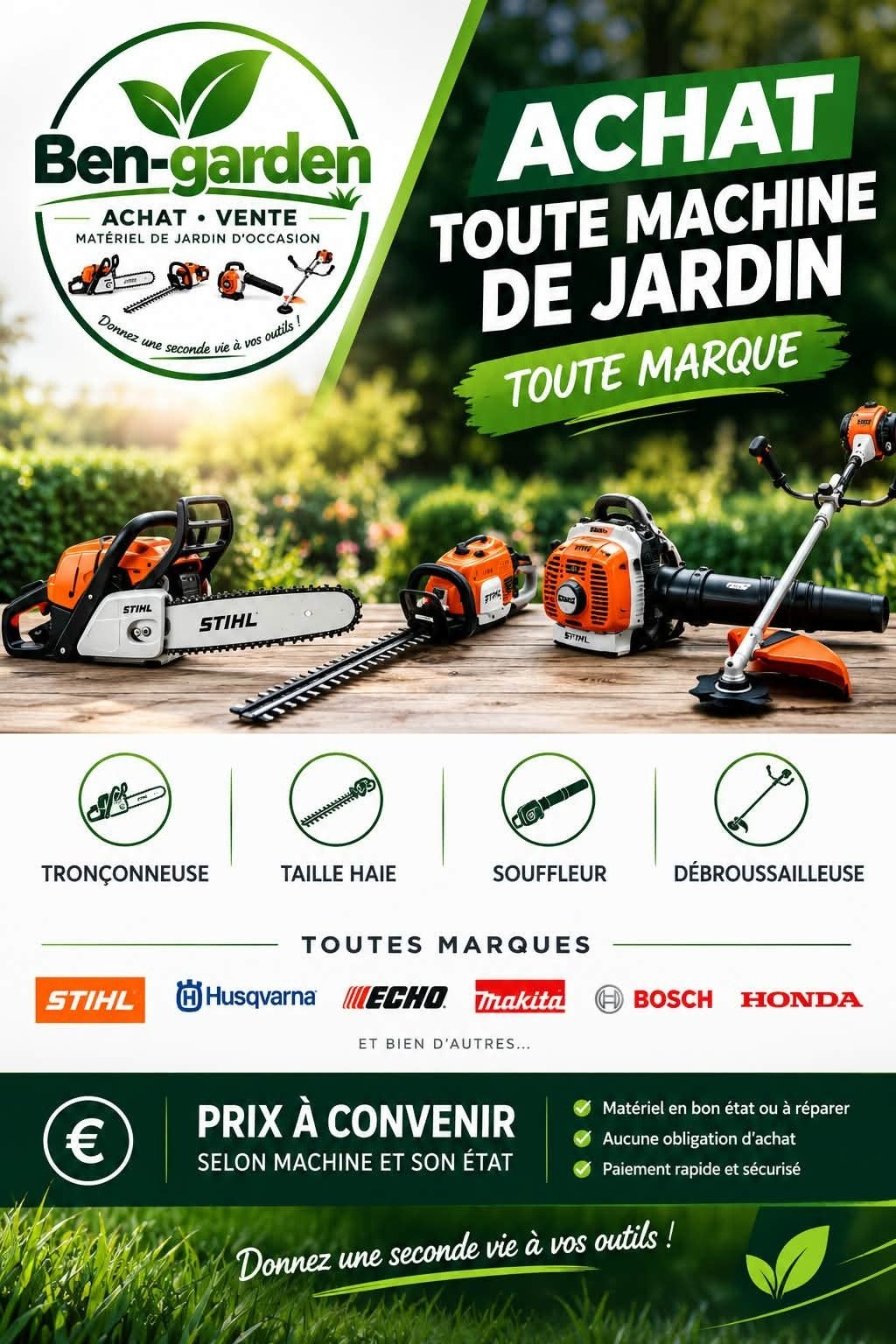 achat toute machine de jardin, Enlèvement
