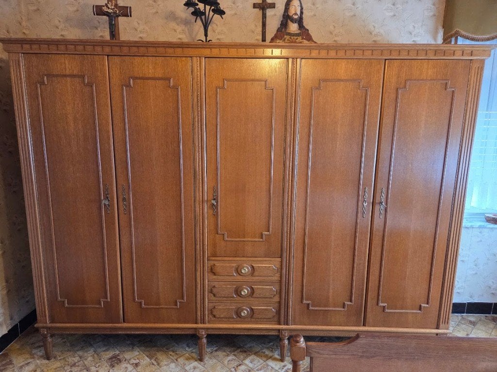 Vintage houten kledingkast, 200 cm ou plus, Vintage, Utilisé, Avec tiroir(s)