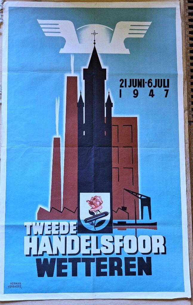 Wetteren - 1947 " tweede Handelsfoor " door Herman Verbaere, Verzamelen, Rechthoekig Staand, Deurposter of groter, Ophalen of Verzenden