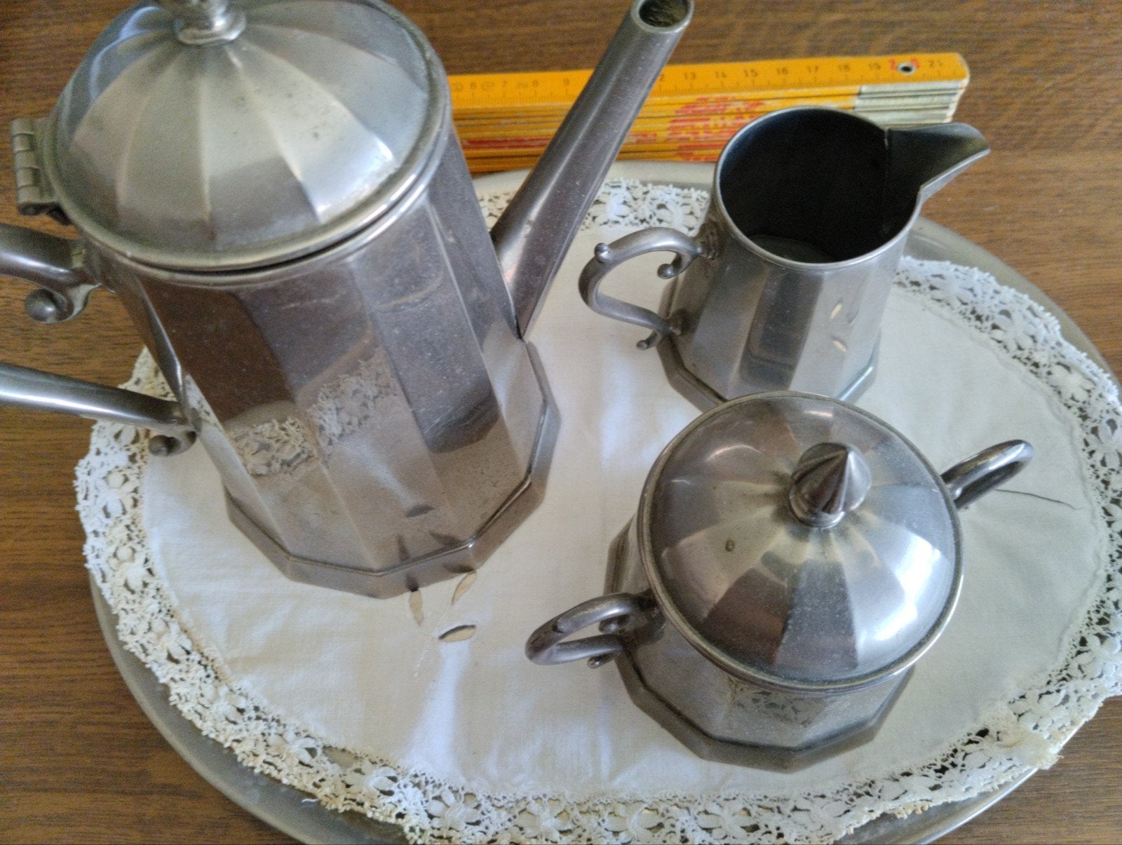 Service à café ancien en étain brocante, Envoi