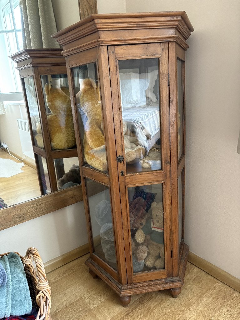 Eiken Zeskantig glazen vitrine kast, Huis en Inrichting, Ophalen, Eikenhout, 100 tot 150 cm, 50 tot 100 cm