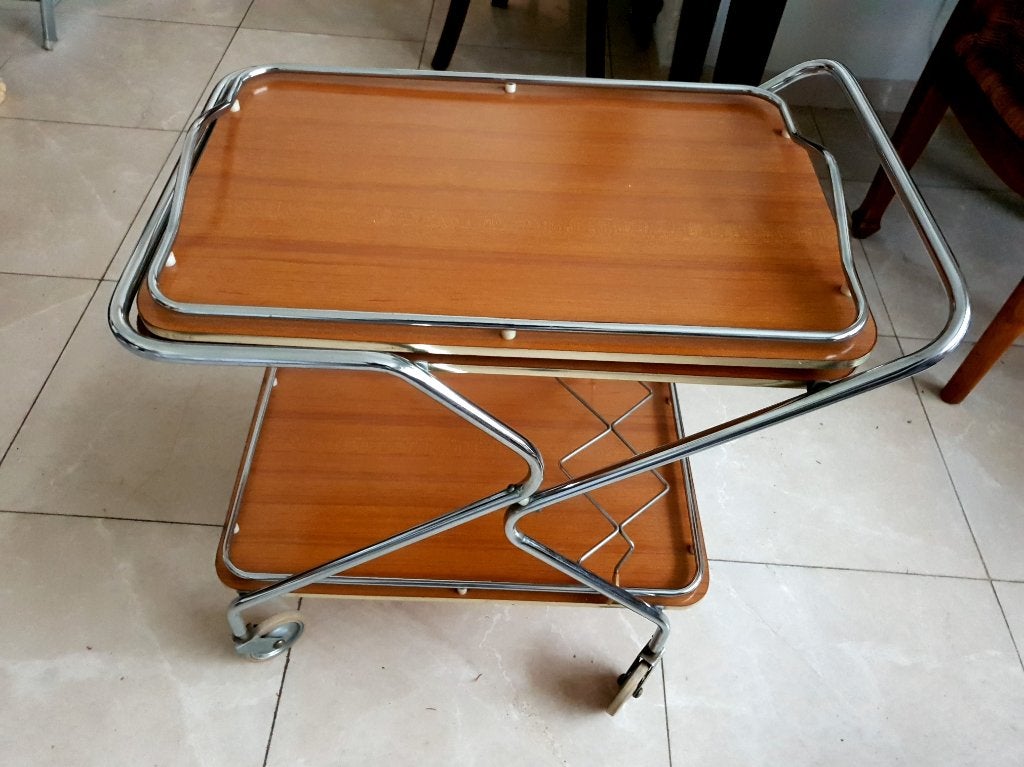 Chrome Serveer Boy Retro uit de jaren 1970 met los dienblad, Ophalen, Afgeronde hoeken, Zo goed als nieuw, Dienblad