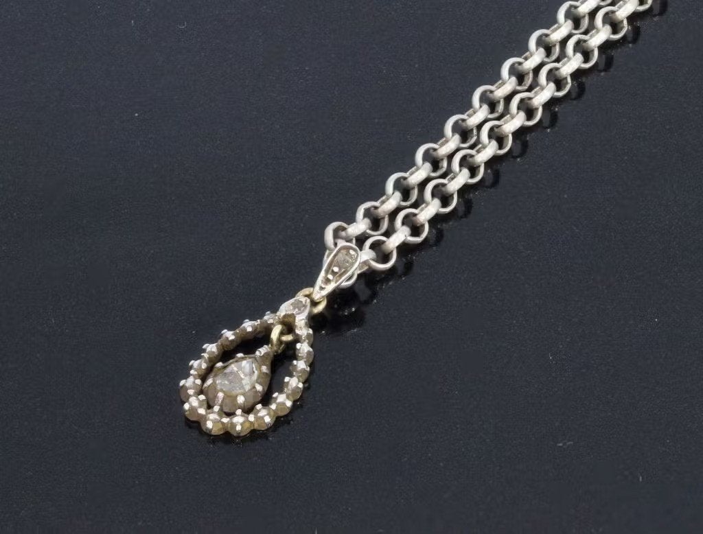 Roos diamant antieke hanger 14k goud ketting zilver jasseron, Ophalen of Verzenden, Goud, Hanger, Met edelsteen