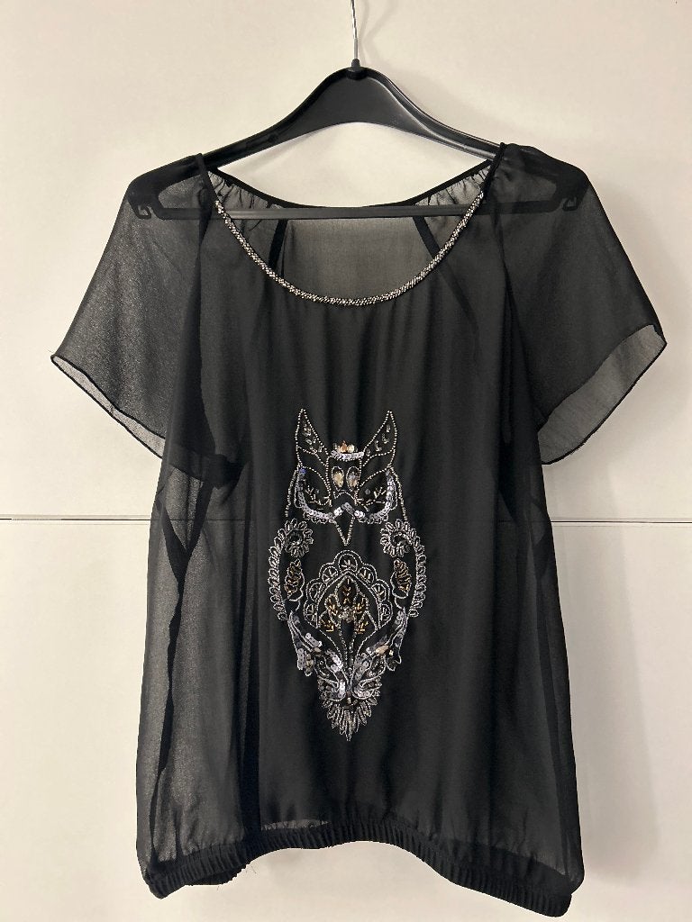 Zwarte transparante blouse met uil, Enlèvement ou Envoi, Comme neuf, Taille 42/44 (L), Noir
