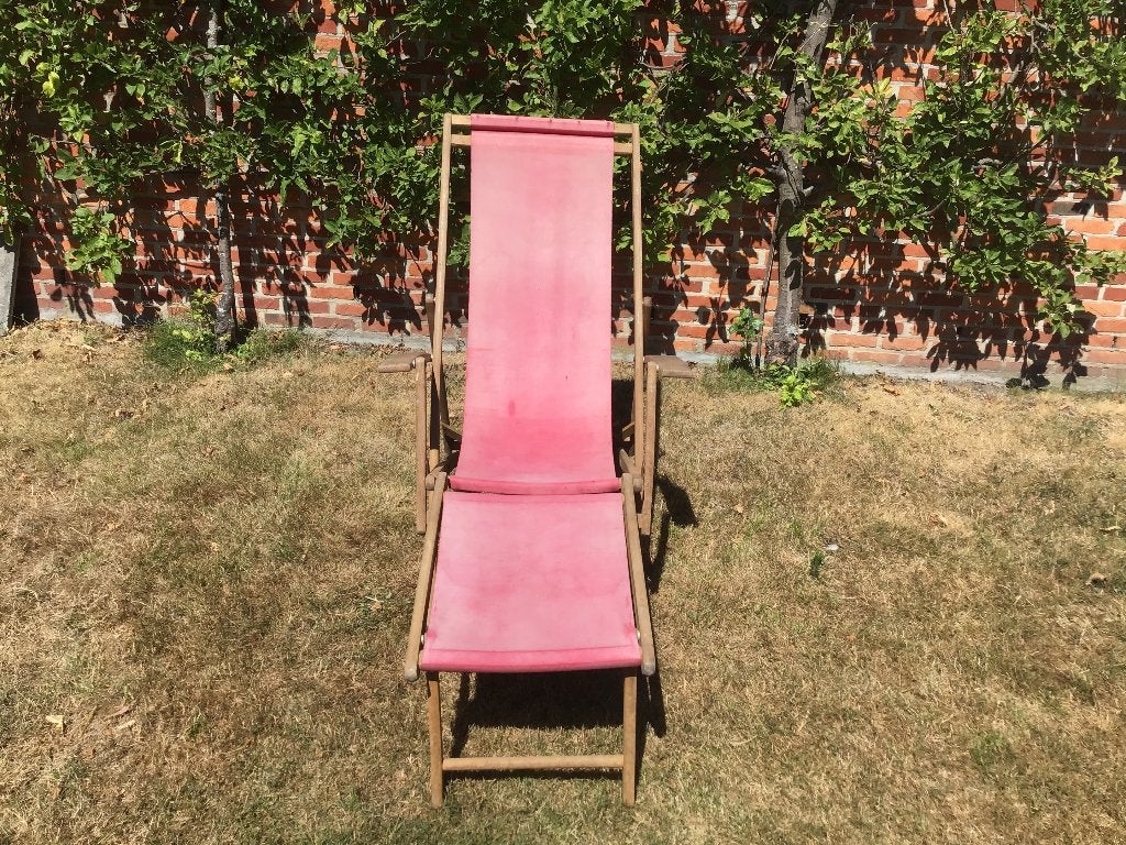 Retro strandstoel met voetbankje, Jardin & Terrasse, Chaises de jardin, Enlèvement, Utilisé, Bois, Pliant