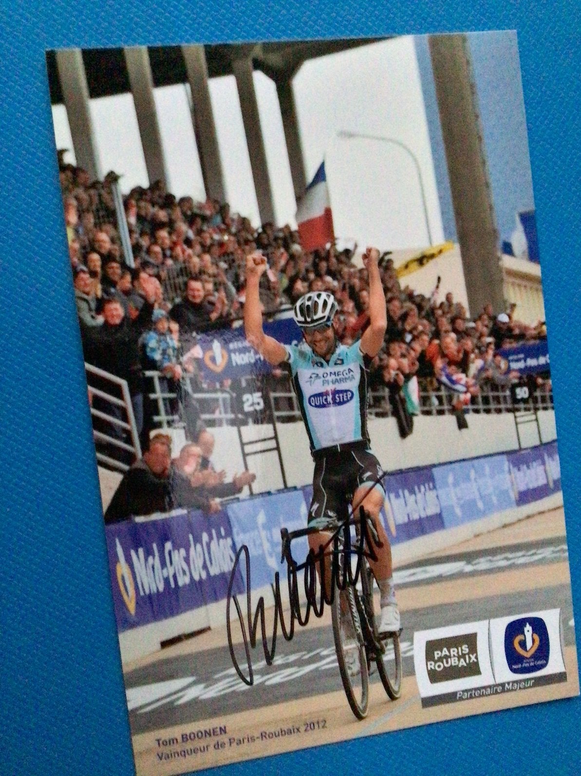 Wielerkaart team quick step tom boonen signe, Ophalen of Verzenden, Zo goed als nieuw