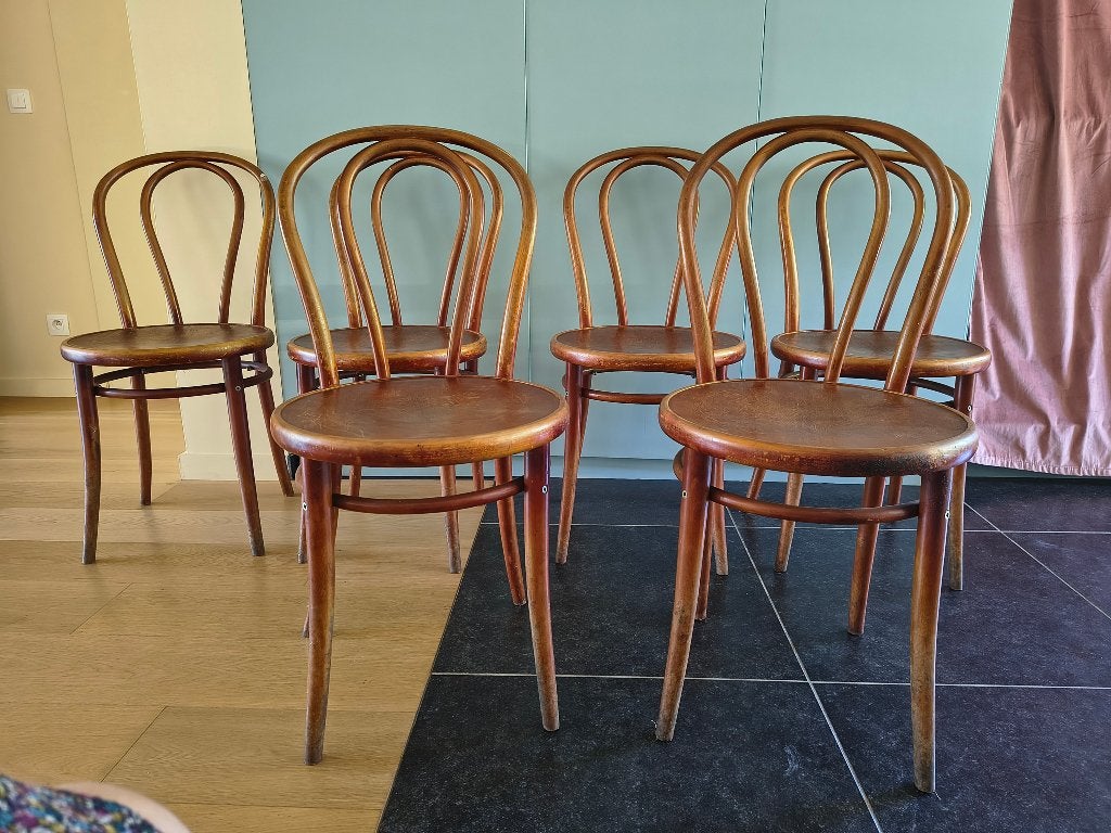 Set van 6 Vintage Drevounia Bistro Stoelen, Thonet-stijl, Huis en Inrichting, Ophalen, Gebruikt, Bruin, Vijf, Zes of meer stoelen