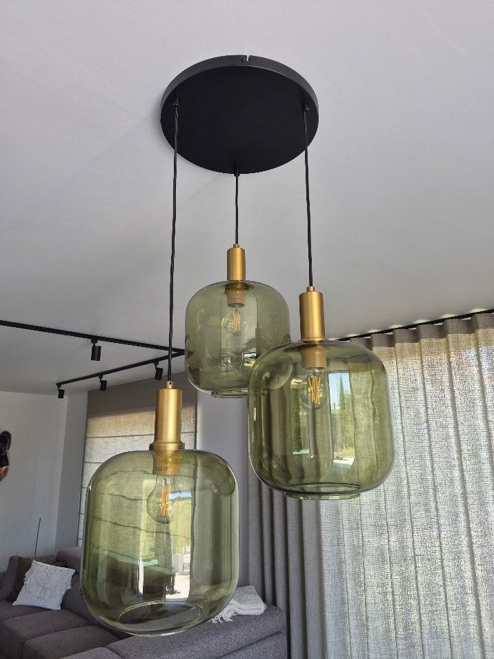 Chique Hanglamp Zwart Met Goud En Groen Glas 3-lichts, Ophalen, Nieuw, Glas