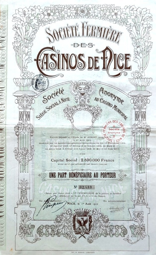 Casinos de Nice 1910, Postzegels en Munten, Aandelen en Waardepapieren, Ophalen of Verzenden, Voor 1920, Aandeel