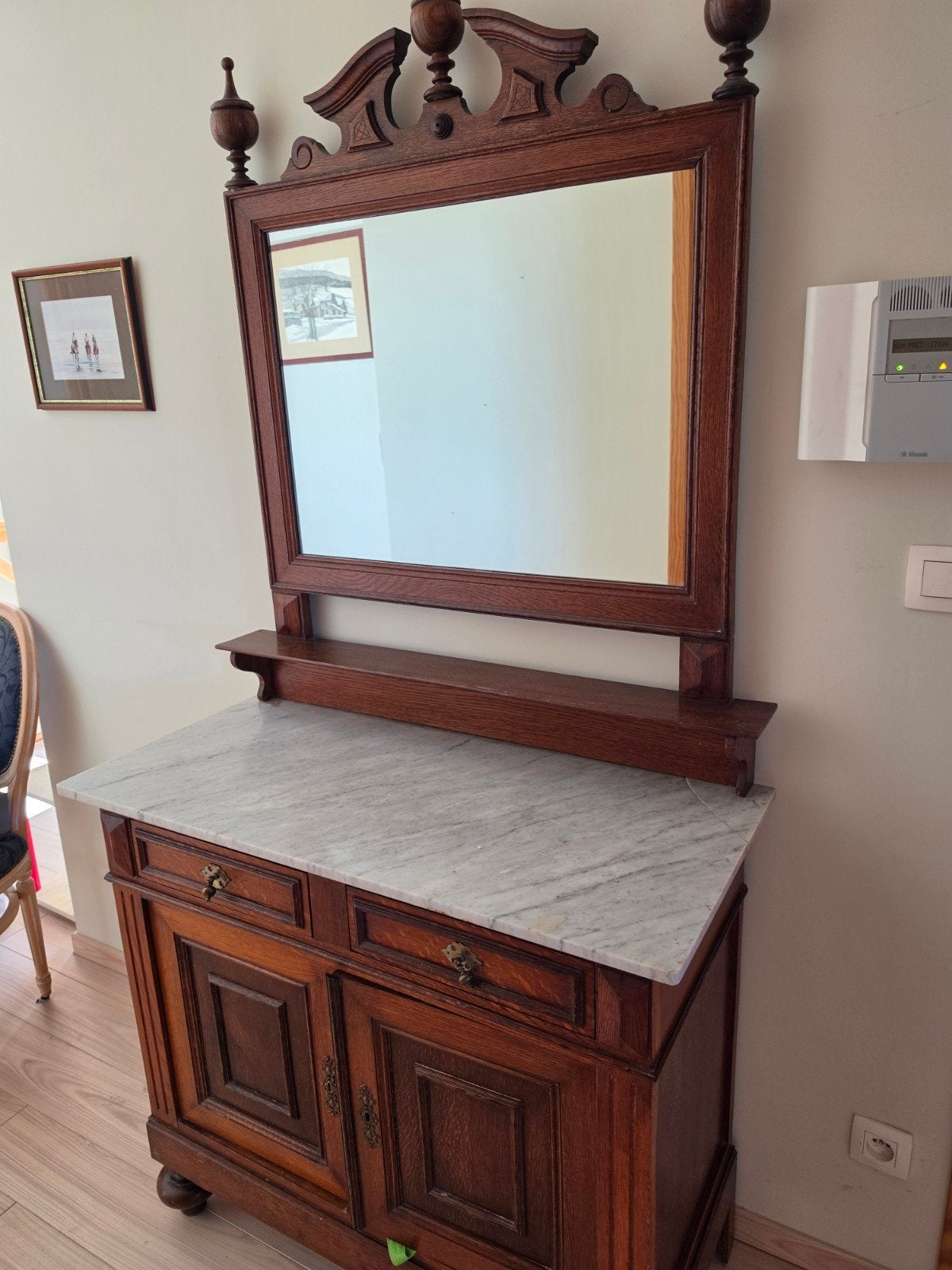 Meuble ancien en chêne avec plateau en marbre et miroir, Maison & Meubles, Enlèvement