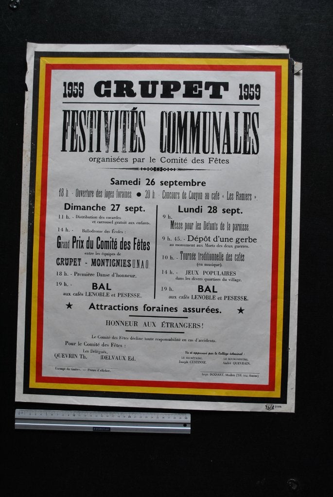 RARE ANCIENNE AFFICHE CRUPET 1959 FESTIVITES COMMUNALES, Enlèvement ou Envoi, Rectangulaire vertical, Utilisé, Autres sujets/thèmes
