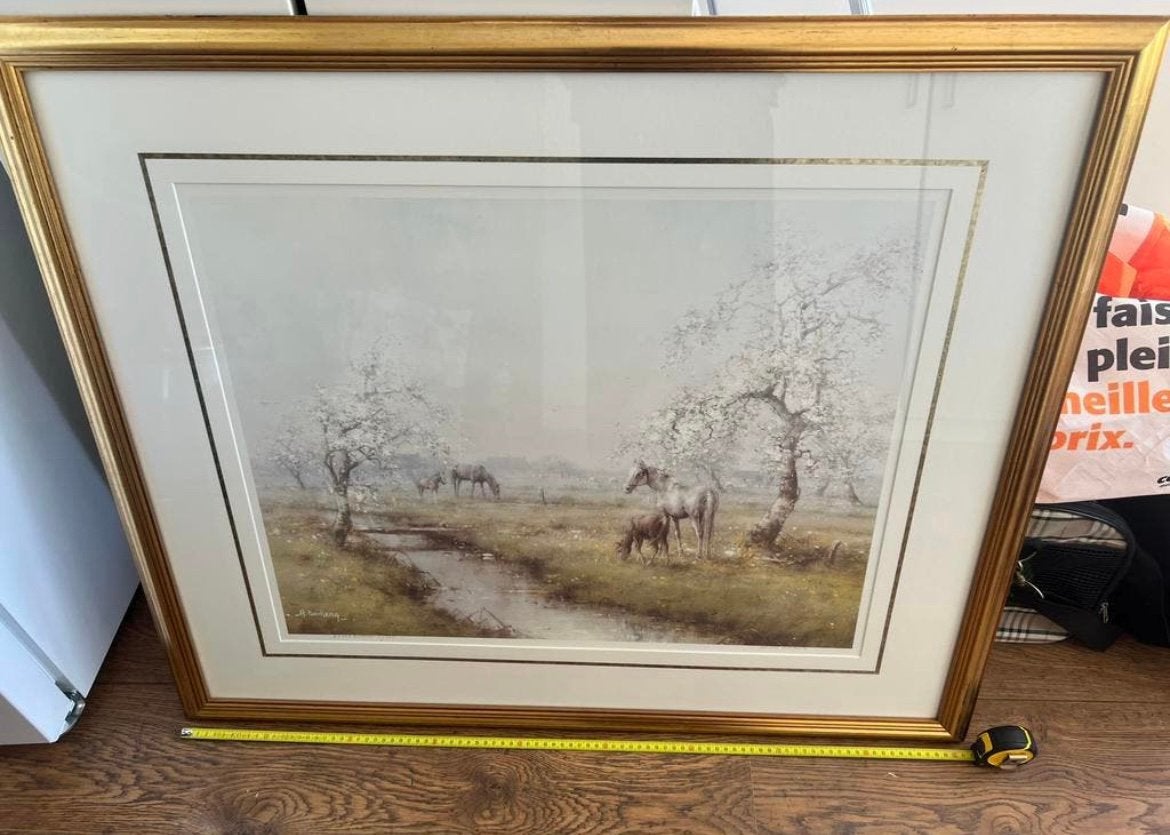 Groot Schilderij Lentebloesem - A. Buikema (92  77 cm), Sous verre, Paysage, Enlèvement, Papier