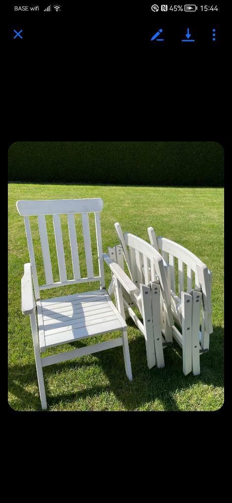5 houten tuinstoelen + kussens, Ophalen, Gebruikt, Verstelbaar