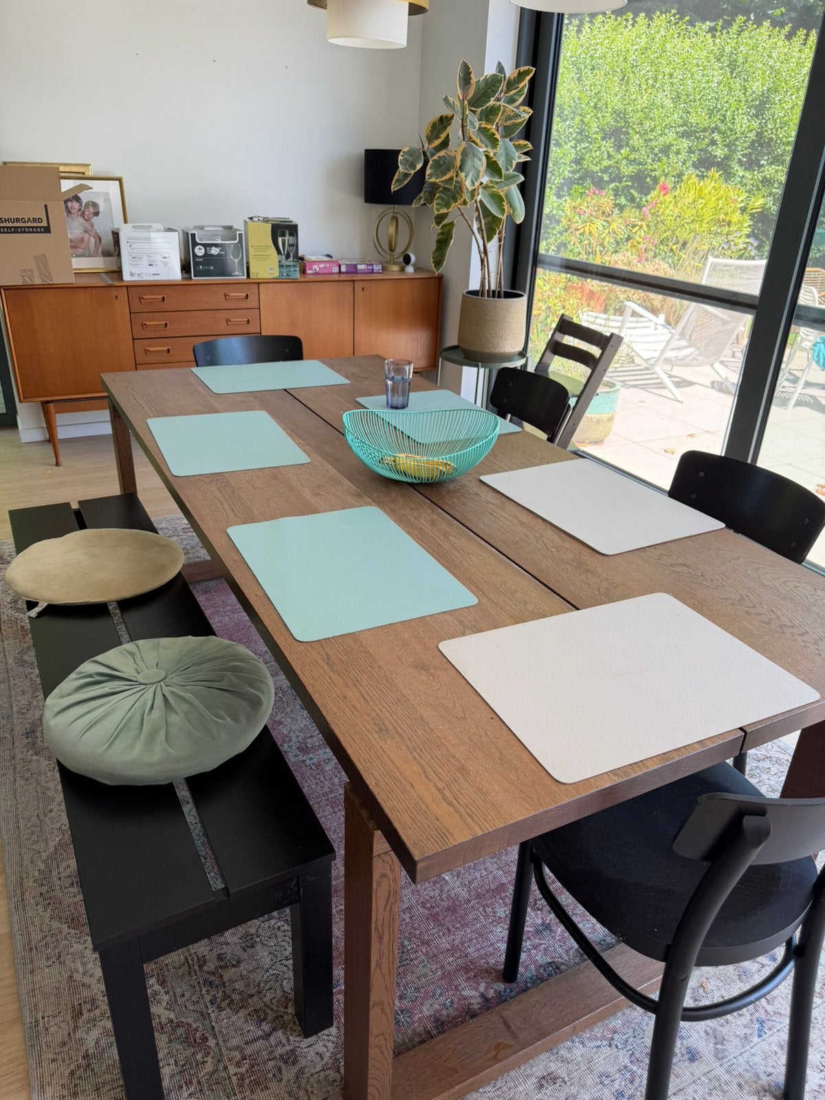 Ikea tafel echt hout 2,20m x 1,00m en stoelen plus bank, Ophalen, Gebruikt, Vijf personen of meer