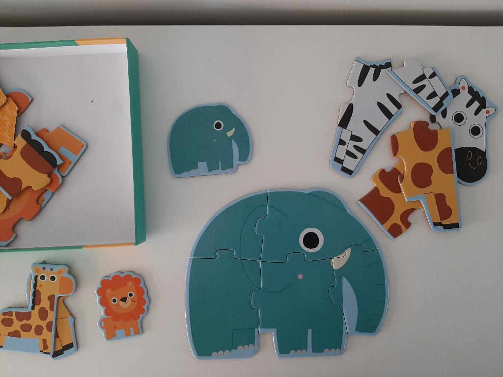 Djeco puzzel kind - 4 jungledieren, Enfants & Bébés, Jouets | Puzzles pour enfants, Comme neuf, 6 mois à 2 ans, Moins de 10 pièces