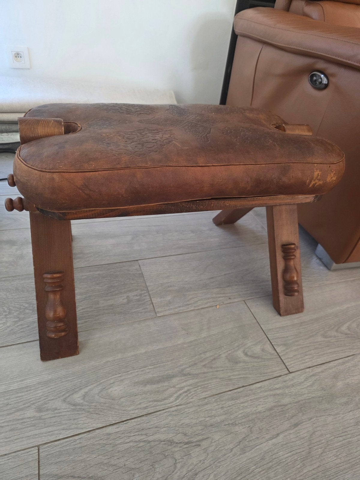 Voetenbank leder hout, Ophalen of Verzenden, Hout