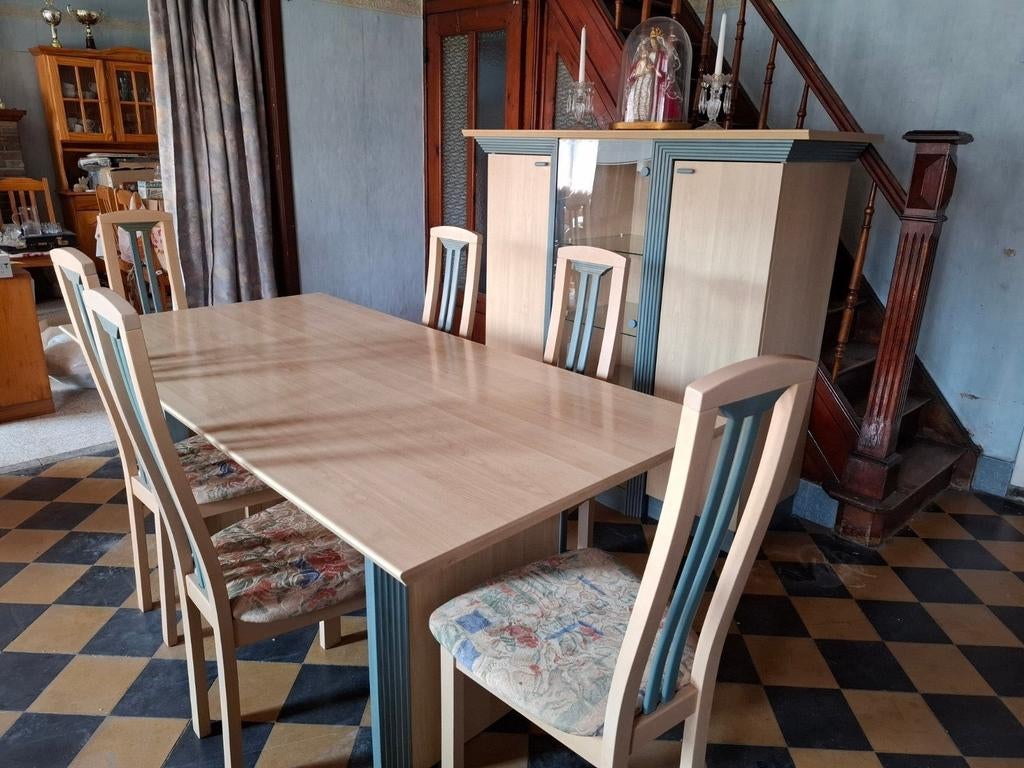 Eettafel met 6 stoelen, dressoir met spiegel en vitrinekast, Huis en Inrichting, Ophalen, Gebruikt, 4 tot 6 stoelen