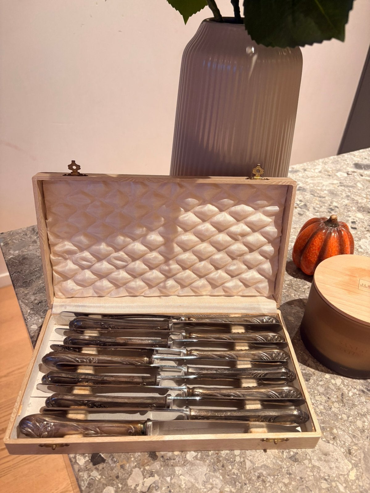 Vintage koffer met 12 tafelmessen, Ophalen of Verzenden